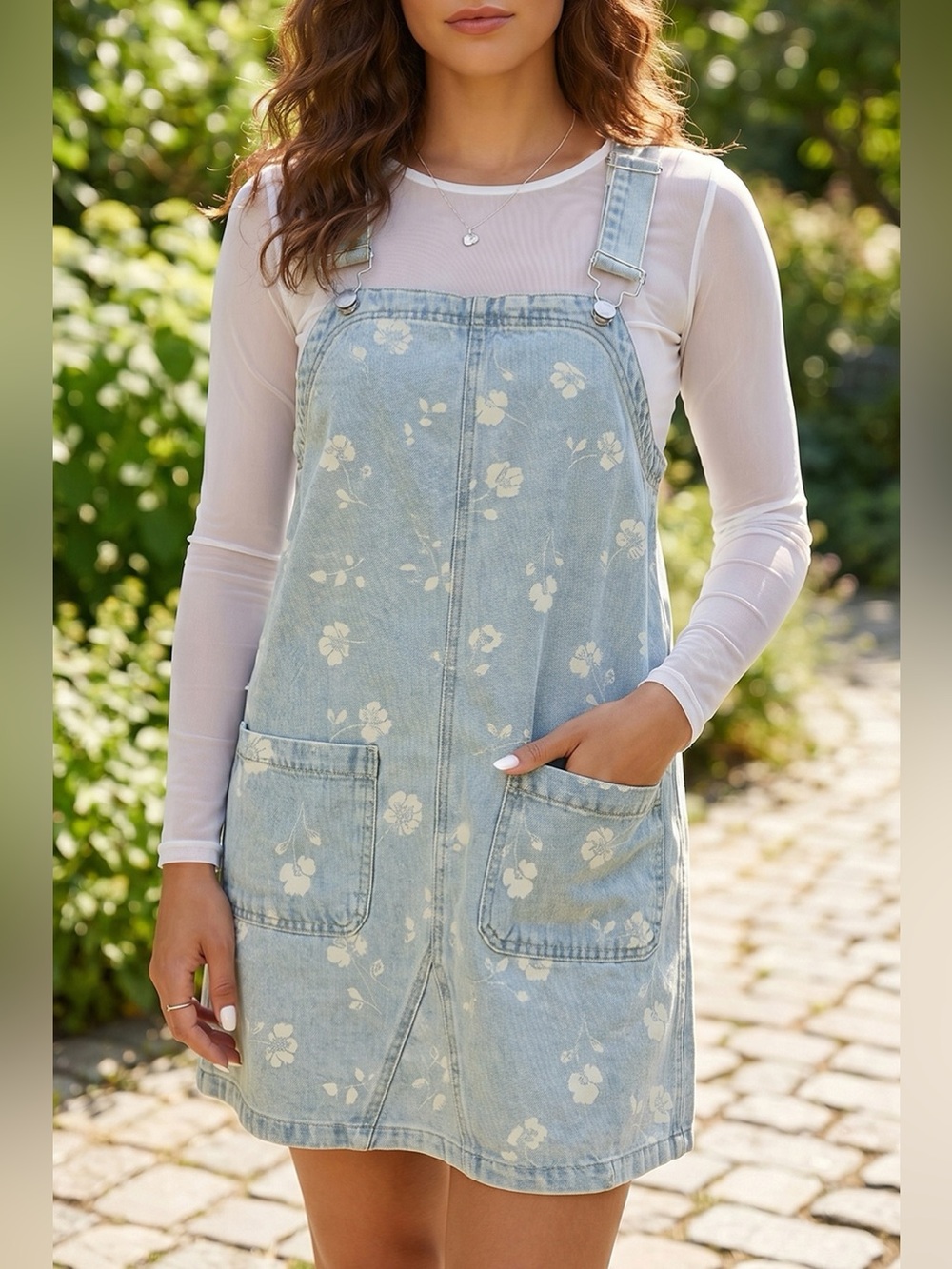 Wash Denim Floral Print Overall Mini Dress